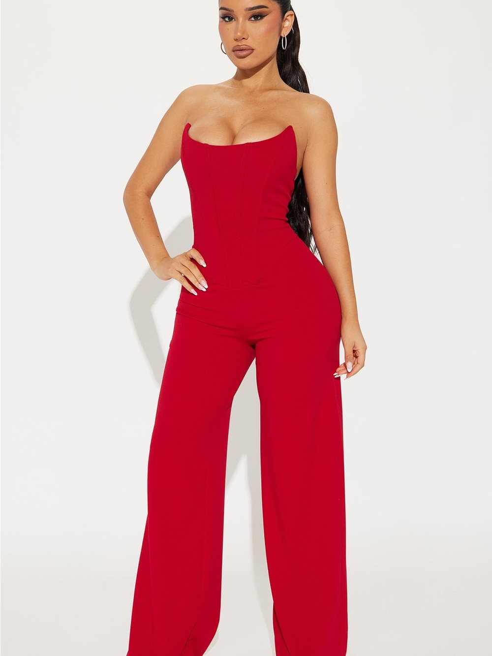 Fashion Nova Strapless Red Wide-Leg Jumpsuit